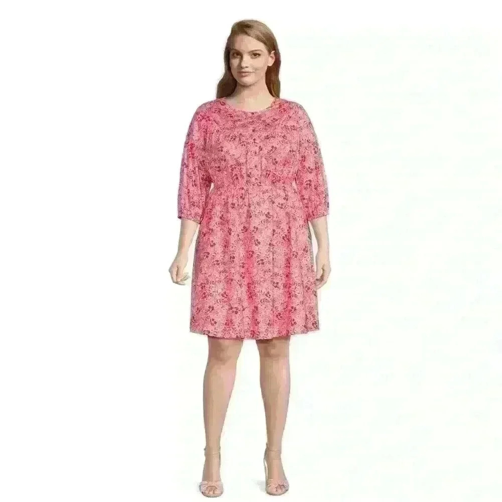 Terra & Sky Women's Plus Size 0X (14W) Button Front Pink Floral Dress Pockets